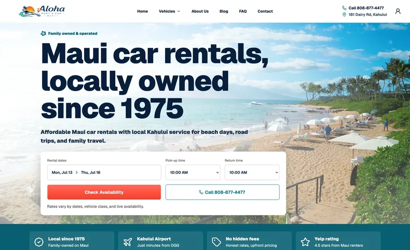 After screenshot of the redesigned Aloha Rent A Car website