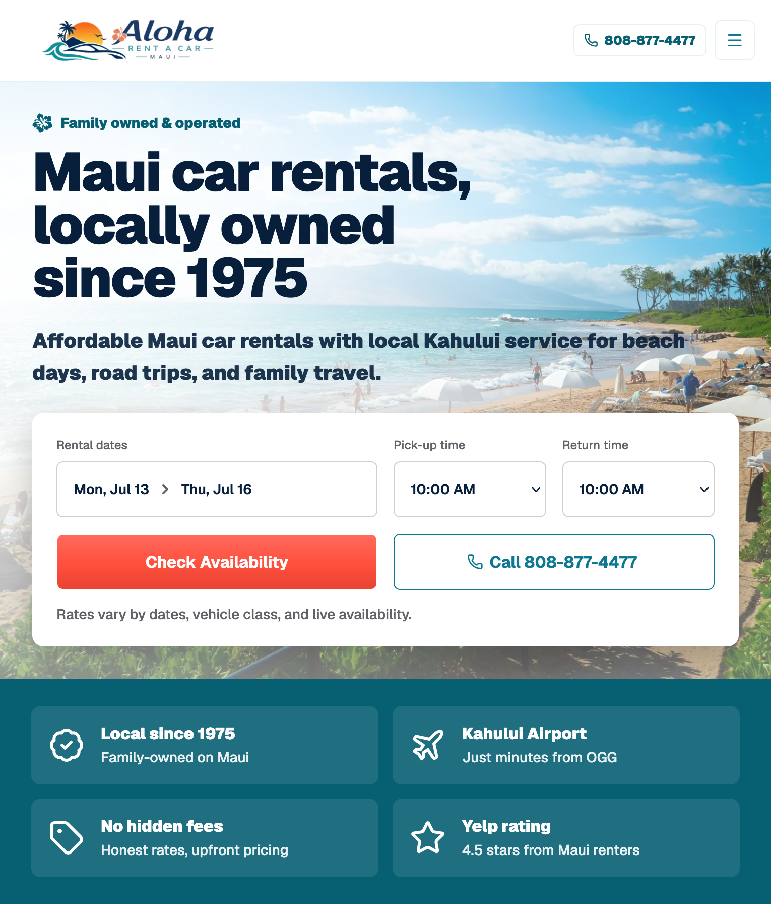 After screenshot of the redesigned Aloha Rent A Car website