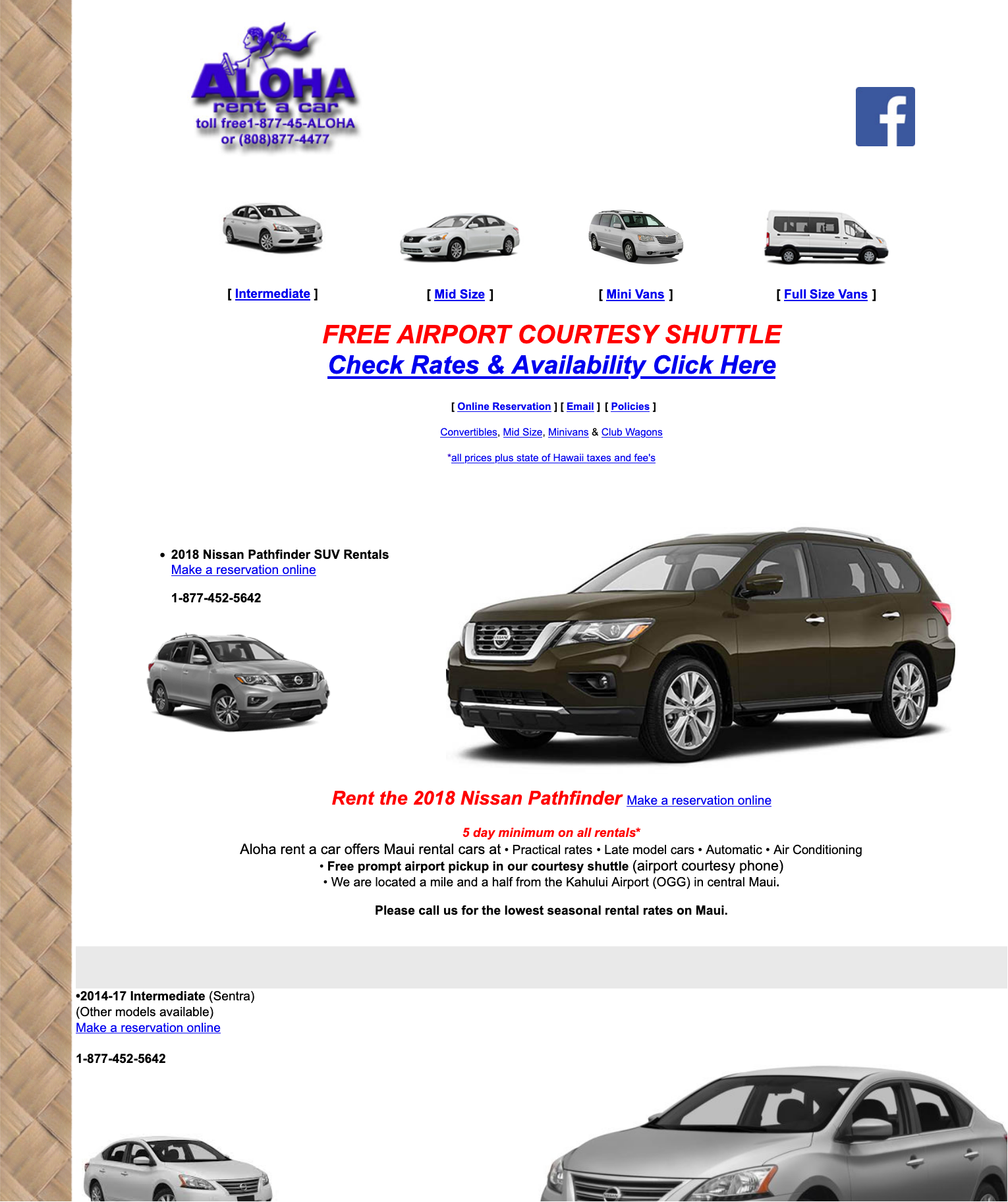 Before screenshot of the original Aloha Rent A Car website
